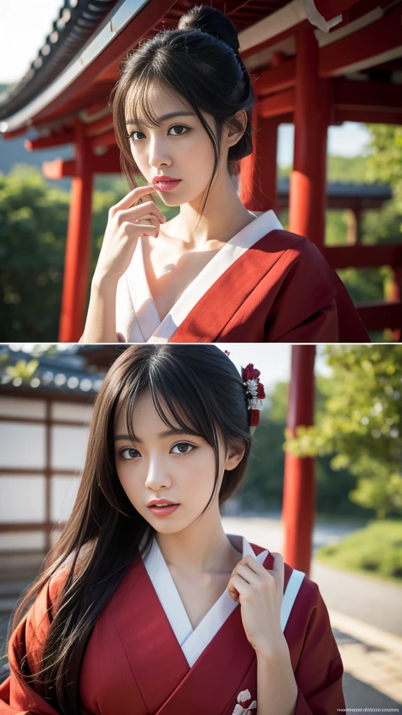 Realistic live-action, sexy shrine maiden from another world, beautiful Japanese woman, sexy expression, thin lips