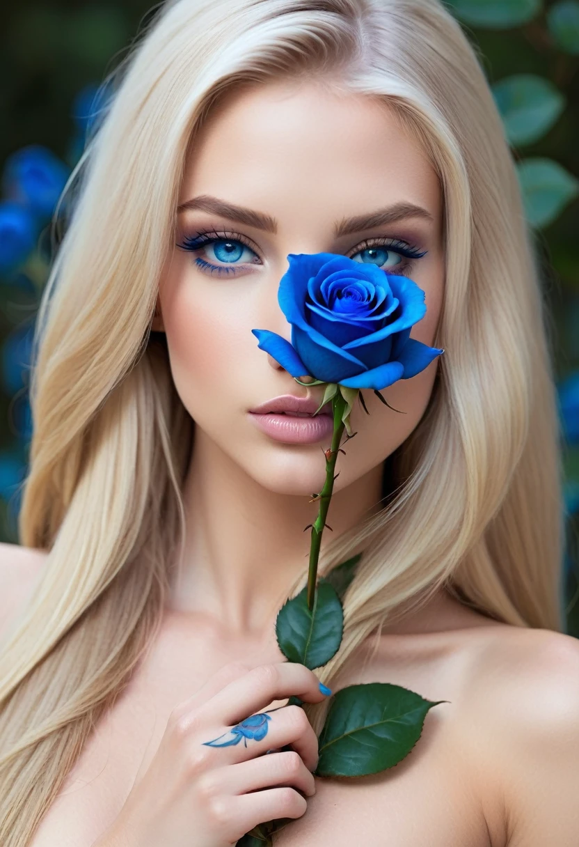  full body photo of an beautiful nude girl,straight long blond hair, natural blue eyes,only arm with a blue rose tattoo, perfect lips, face of the perfect face, sexy, Sensual, 