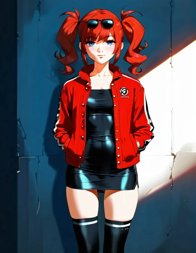 ((masterpiece, best quality)), (8K, best quality), (((best quality))), 1girl, lonely, anime style, very detailed and realistic, good anatomy, Photorealistic representation,  a young woman with red pigtails and blue eyes ,  it wears a unbuttoned red jacket over a black dress ,  black gloves and white thigh-high socks .  The sunglasses rest on her head .  Subtle movement in her hair and jacket , as if a gentle breeze passed .  Se Find yourself standing confidently on a concrete surface with soft shadows,  creating a realistic urban environment .  The background is simple and in interiors with neutral colors .  The emphasis is on her elegant and modern appearance ,  capturing her secure posture ,  natural proportions and intricate outfits and accessories . Ultra-high resolution,  Perfect Anatomy, Contemporary Style, award-winning illustration ,  dramatic lighting ,  hyper-detailed folds of clothing ,  vibrant colors , subtle shadows,,  score_9,  score_8_up,  score_7_up,  score_6_up,  score_5_up,  score_4_up, (anime_source)