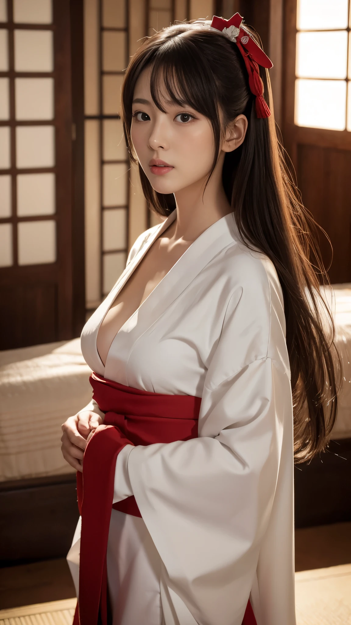 Realistic live-action, sexy shrine maiden from another world, beautiful Japanese woman, sexy expression, thin lips