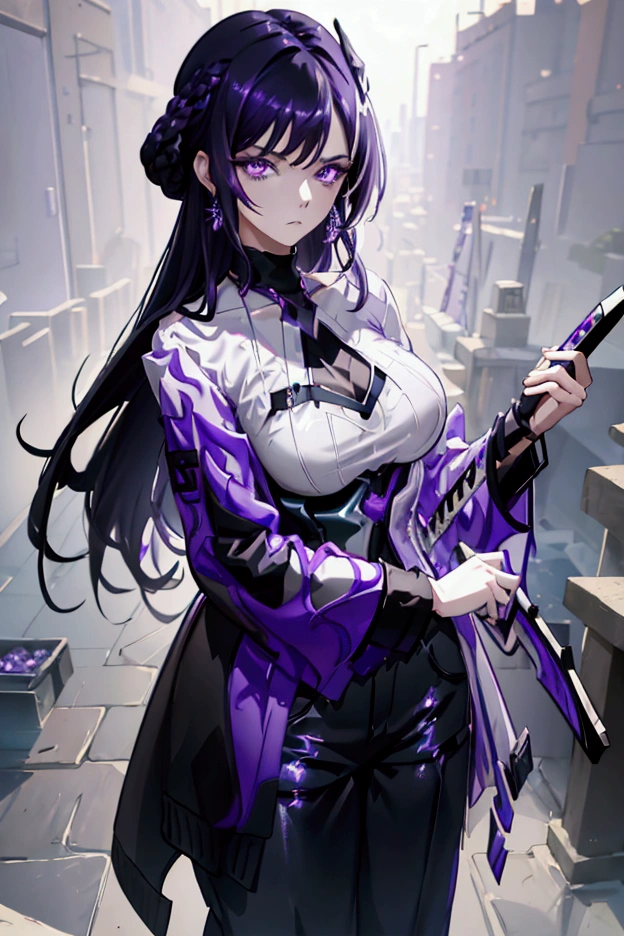 a woman with purple black hair, sad expression, purple eyes, wearing a white shirt and black pants, holding a purple katana, (best quality,4k,8k,highres,masterpiece:1.2),ultra-detailed,detailed portrait,dramatic lighting,dramatic pose,cinematic,moody atmosphere
