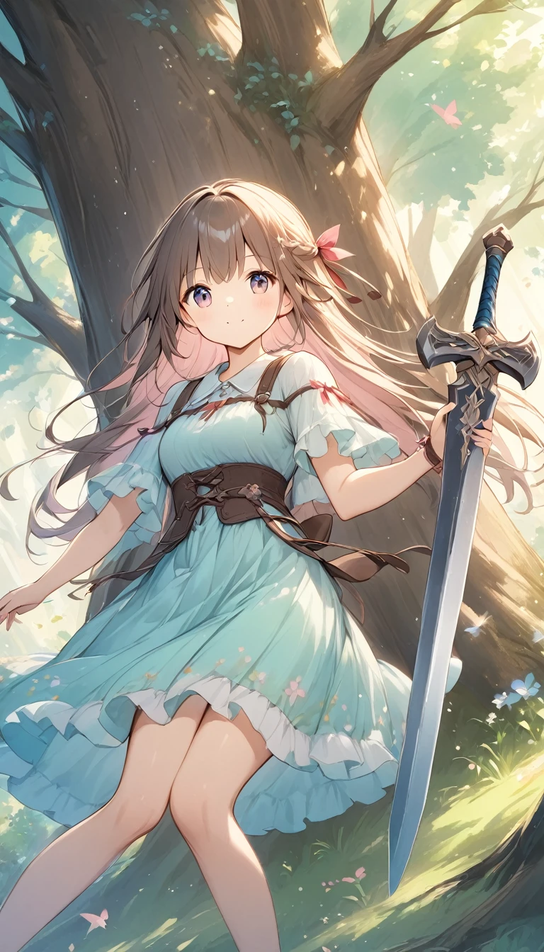  Light lines and soft colors create a dreamy effect., A fleeting impression..,One Woman、Old Tree House 、 A Girl Holds an Iron Sword 、cute、 Fantasy 、 Fantasy  皮の鎧、