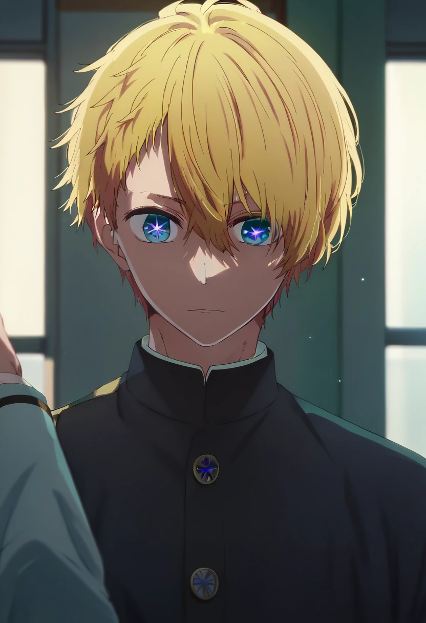 a male with yellow hair, blue eyes, right star eyes, wearing a school uniform, hoshino aqua style, oshi no Ko character, vibrant colors, dynamic pose