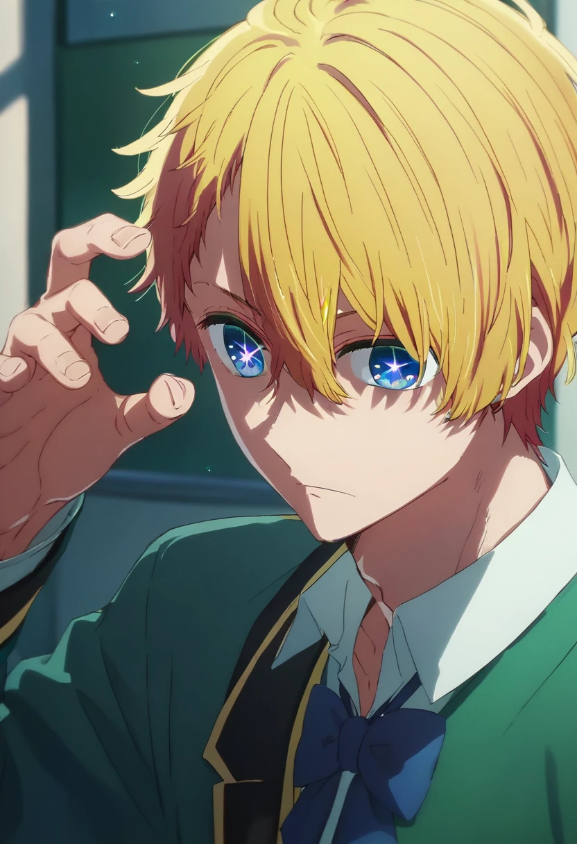 a male with yellow hair, blue eyes, right star eyes, wearing a school uniform, hoshino aqua style, oshi no Ko character, vibrant colors, dynamic pose