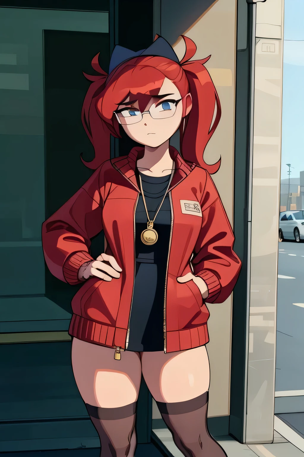 A very detailed and realistic 3D model of a young woman standing confidently in front of an orange wall.. She has red hair styled in pigtails and blue eyes .. She wears a red jacket over a black dress ., black gloves, and white thigh-high socks . She has a pair of sunglasses resting on her head .. model must include a subtle movement in its hair and the fabric of your jacket ., as if a gentle breeze passed . The scene is set on a concrete surface with shadows cast on the floor ., Providing a realistic urban environment . The background should be simple and in interiors with neutral colors .. The model must be photorealistic and very detailed ., showing the elegant and modern look of the character .. Make sure that the model captures your confident posture and natural proportions ., With special attention to the detail of the outfit and accessories ..