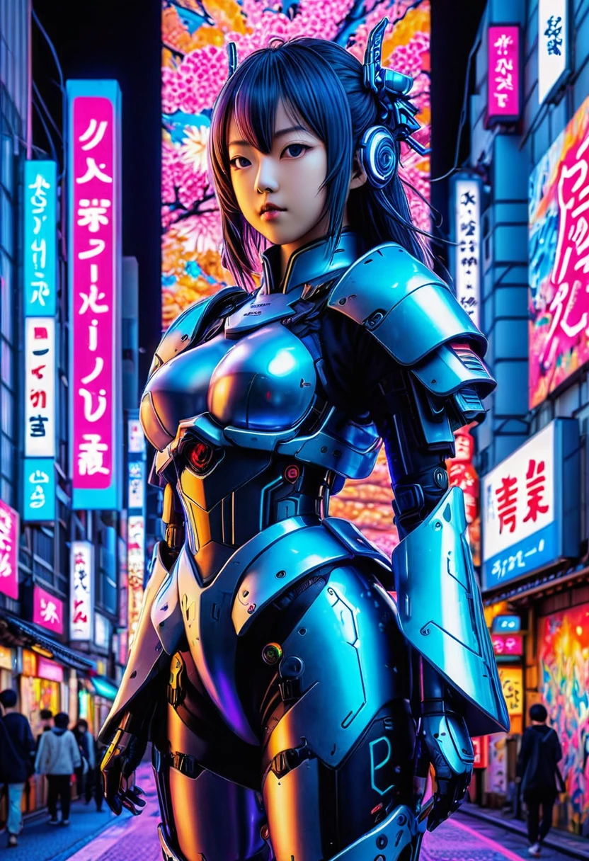 (Very detailed: 1.5) Futuristic mech girl on neon flashing sci-fi magazine cover, (Cyberpunk: 1.3) style, dressed in stylish combat suit with glowing accents, confidently posing as a giant robot in the background, (bold typography: 1.2), dynamic composition, bright colors, (Akira style: 1.1), (Hajime Sorayama inspiration: 1.2) pregnant, pregnant belly