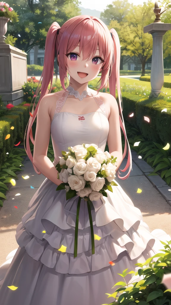 masterpiece, best quality, highres, aanana, long hair, twintails, wedding dress, white dress, garden, holding bouquet, smile, open mouth, confetti,