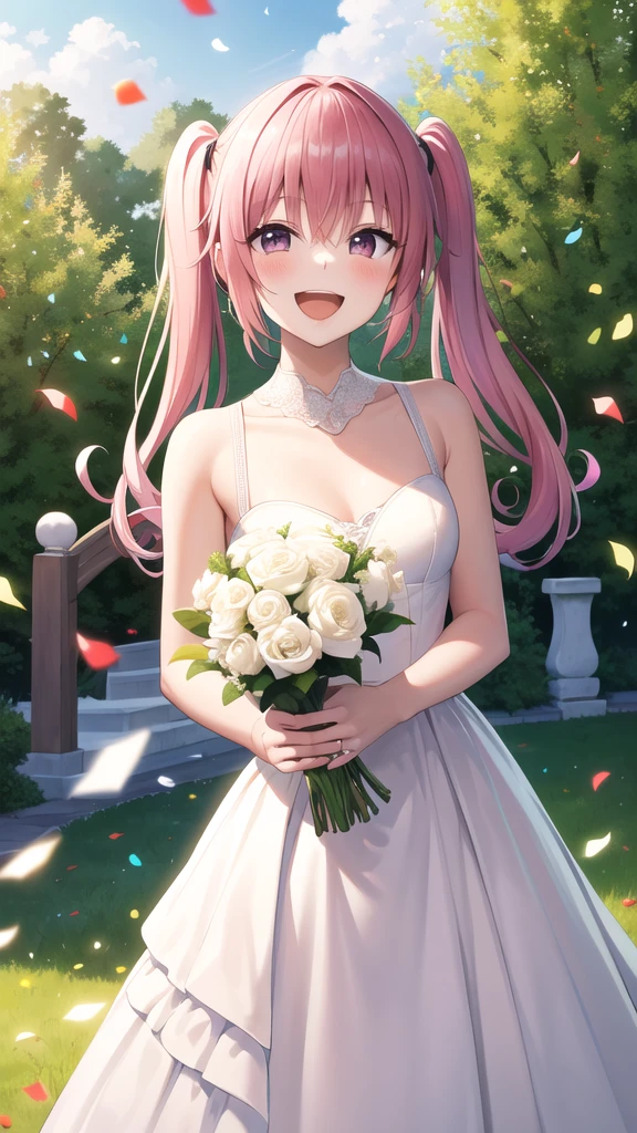 masterpiece, best quality, highres, aanana, long hair, twintails, wedding dress, white dress, garden, holding bouquet, smile, open mouth, confetti,