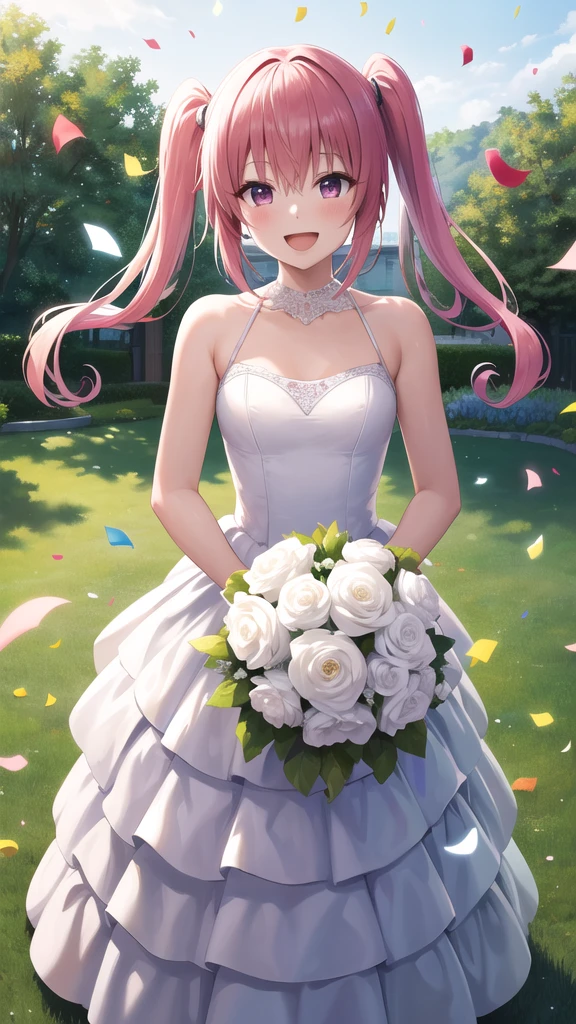 masterpiece, best quality, highres, aanana, long hair, twintails, wedding dress, white dress, garden, holding bouquet, smile, open mouth, confetti,