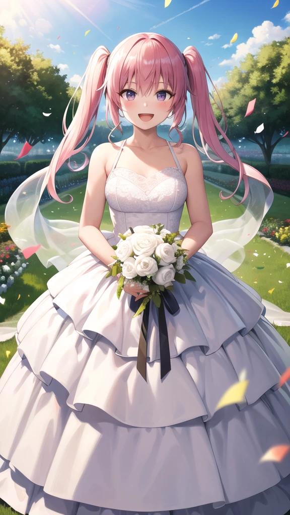 masterpiece, best quality, highres, aanana, long hair, twintails, wedding dress, white dress, garden, holding bouquet, smile, open mouth, confetti,