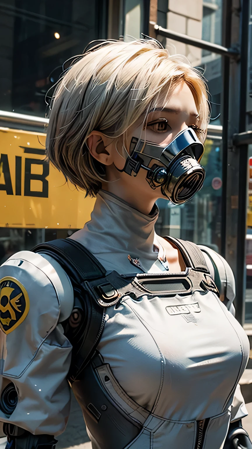 (masterpiece:1.2,high quality), One girl, ((Ultra-Realistic Details)), Global Illumination, Shadow, Unreal Engine, Octane Rendering, 8K, Ultra Sharp, Metal, Complex, Decorations detailed, highly Complex details, Yellow Eyes, (Mechanical body:1.2), Gray Hair, (Black gas mask), Equipment, Bobcut, Hundreds of wires, Terran, (robot, Android:1.15), Apocalypse, Broken Building、Perfect Style、Perfect balance、Fine skin、A gentle gaze、((Delicate painting))，(Detailed RAW photos of girls), (Masterpiece:1.25), (最high quality:1.6), (Ultra-high resolution:1.5), (It&#39;s realistic.:1.75), 8K resolution, Canon EOS R5, 50mm, Absurd, Very detailed,Cinema Lighting、
