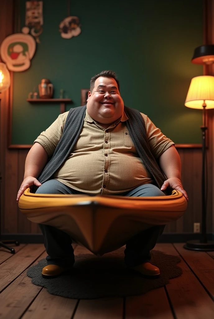 giant indoor inflatable theme park with a obese old man in swim trunks sitting on a large inflatable arch in a giant black and red indoor inflatable bounce house , bald, fat, inflatable, photo shoot, inflated pvc bounce house, giant bounce house, iflatable pool toys