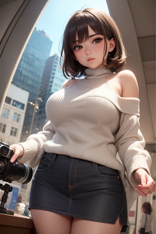 ((Best Quality, 8K, masutepiece :1.3)), Keep your head small、Photorealsitic:1.5, Sharp Focus :1.2, Perfect Body Beauty: 1.4, Slim abs: 1.2, ((A dark-haired, Colossal tits : 1.2, sideboob barbosa, Transverse breasts:1.8)), (natural soft light, In the city ), Highly detailed facial and skin texture, Detailed eyes, Double eyelids, sensual face, (((White Virgin Killer Sweater))),