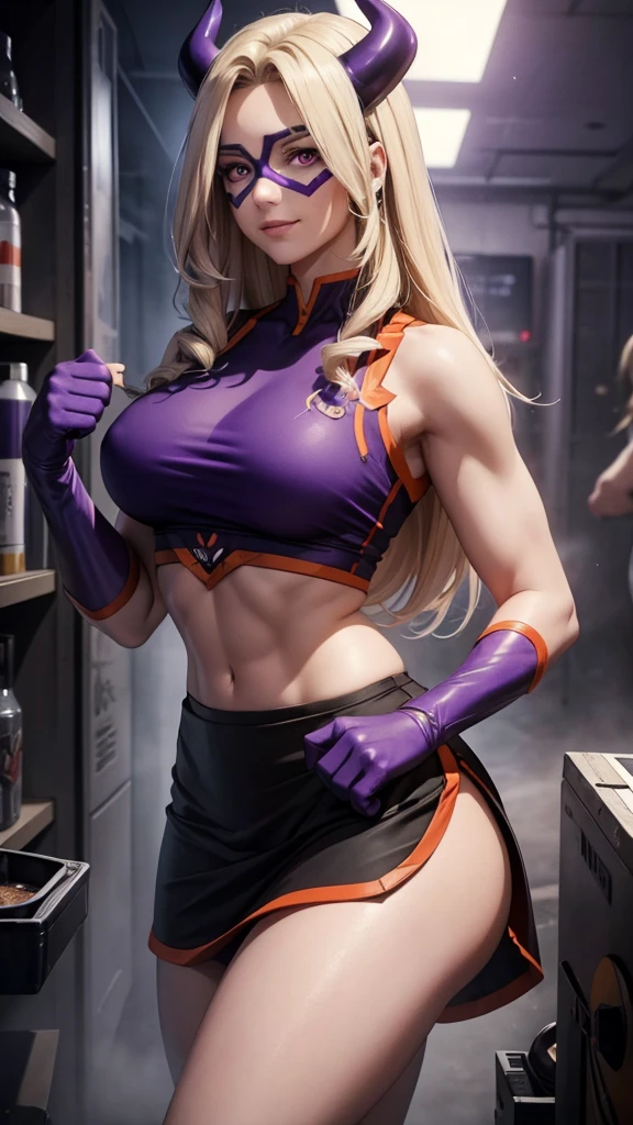 realistic 1.2, ((cowboy atirou)), She is at the gym, gym, Athletic body, beautiful face, perfect,  white skin, standing, modeling,  looking at the observer, purple eyes, Blonde hair, long hair,  wearing gym clothes ,  smart purple tank top , purple sports skirt , purple horns, domino mask, First firm, superhero, gloves, smile, [my hero academia], ( Computer-generated images) e VFX (Visual Effect) highlights the intricate anatomical features in a perfect way. sound effects, complement visual art, immersing the viewer. The level of detail is inspiring,   with intricate ,  meticulously crafted elements  ,  volumetric effects add depth and dimension, and the photorealism is unmatched. The image is rendered in 8K resolution, ensuring super detailed visuals.  Volumetric lighting adds a touch of magic ,  highlighting your beauty and aura in a supernatural way .  High Dynamic Range technology  (HDR)  makes the cores stand out , adding richness to the overall composition. Finally, this art presents an unreal portrait.