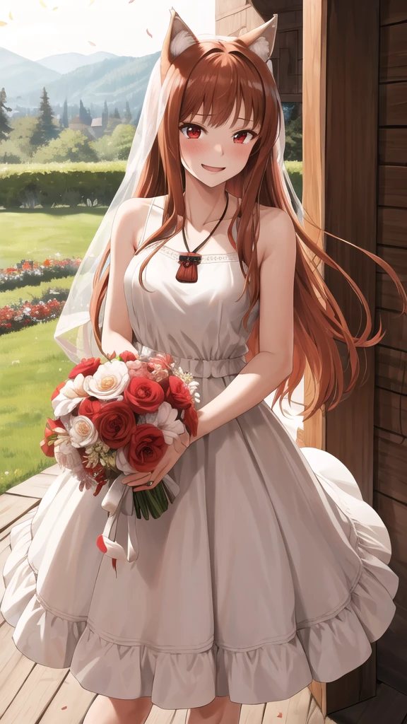 masterpiece, best quality, highres, 1girl, long hair, brown hair, animal ears, red eyes, wolf tail, necklace, wedding dress, white dress,  garden, standing, holding bouquet, smile, tears, confetti,