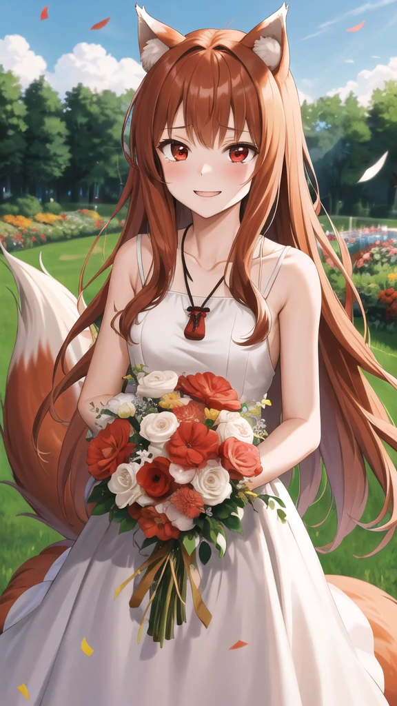 masterpiece, best quality, highres, 1girl, long hair, brown hair, animal ears, red eyes, wolf tail, necklace, wedding dress, white dress,  garden, standing, holding bouquet, smile, tears, confetti,