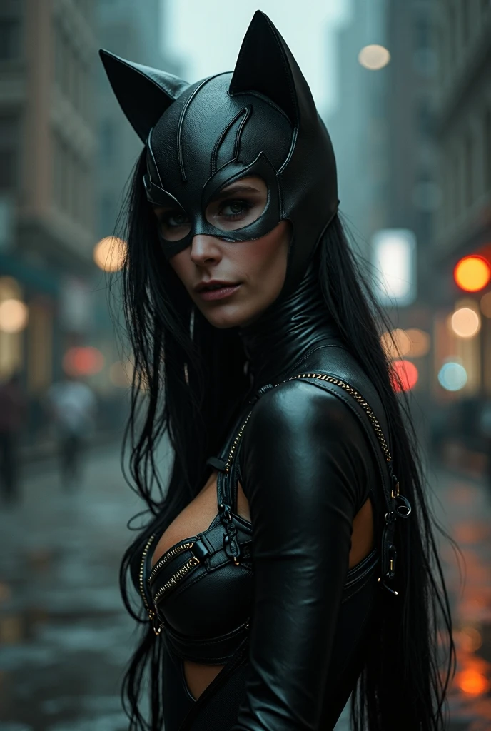 Extremely detailed, very sharp, Best quality, Female, Sophie Thatcher's face, Black Knight latex set, Tall and thin body, exploited, Night, Night Street, lamp lights, Very short black hairstyle, dark make-up, pauldrons, Holster,