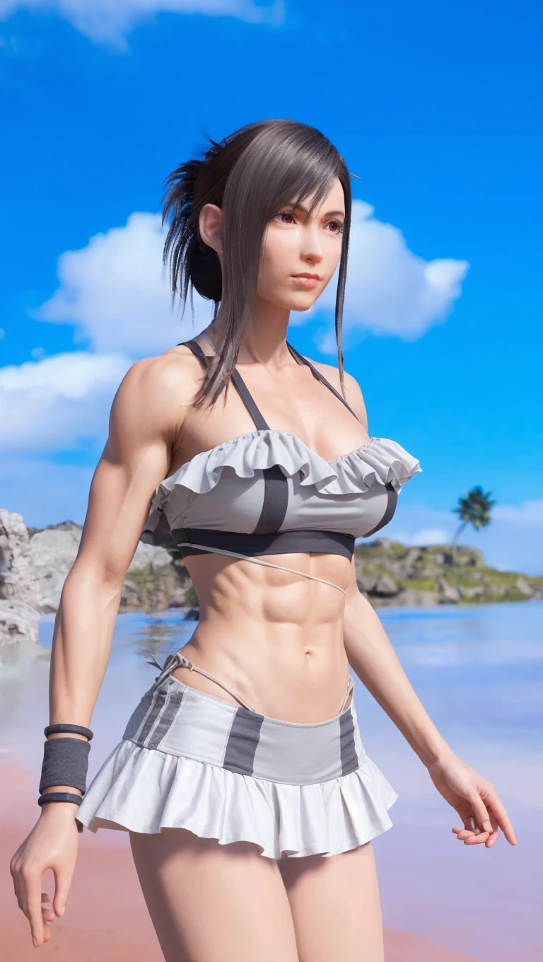 Maki Zenin, micro bikini, ser, cabello verde oscuro, bien proporcionado, musculosa, grandes muslos, grandes pechos, girando la cabeza, gran trasero, cuerpo completo.