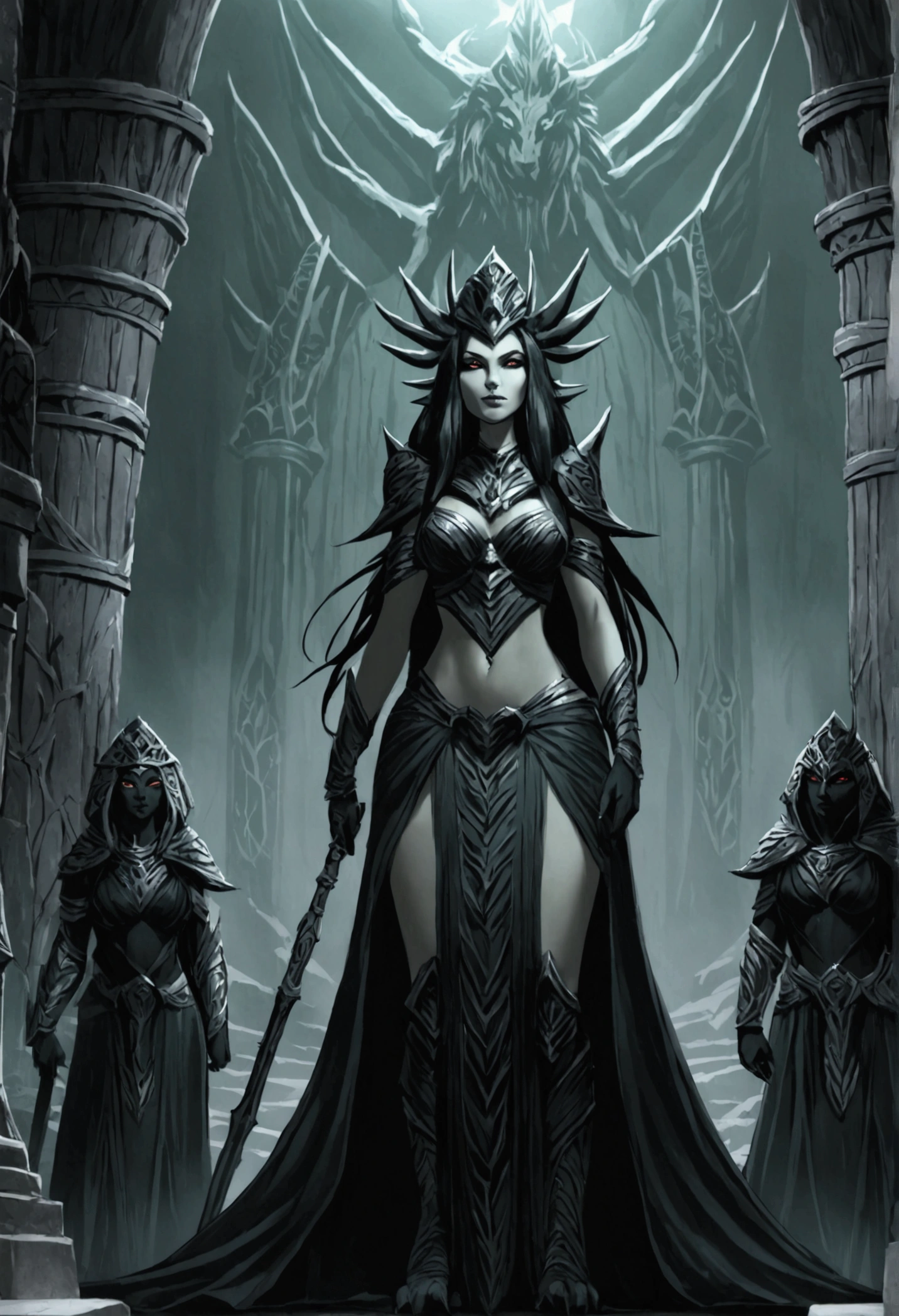 The March of Darkness: The elven witch leads her undead army through a dense forest. The branches of the gnarled trees move sinisterly as the creatures advance, exuding an air of dread and destruction. Dead elves, skeletal orcs and zombie ogres follow in unison, spreading fear wherever they go.. Art style SIMON BISLEY