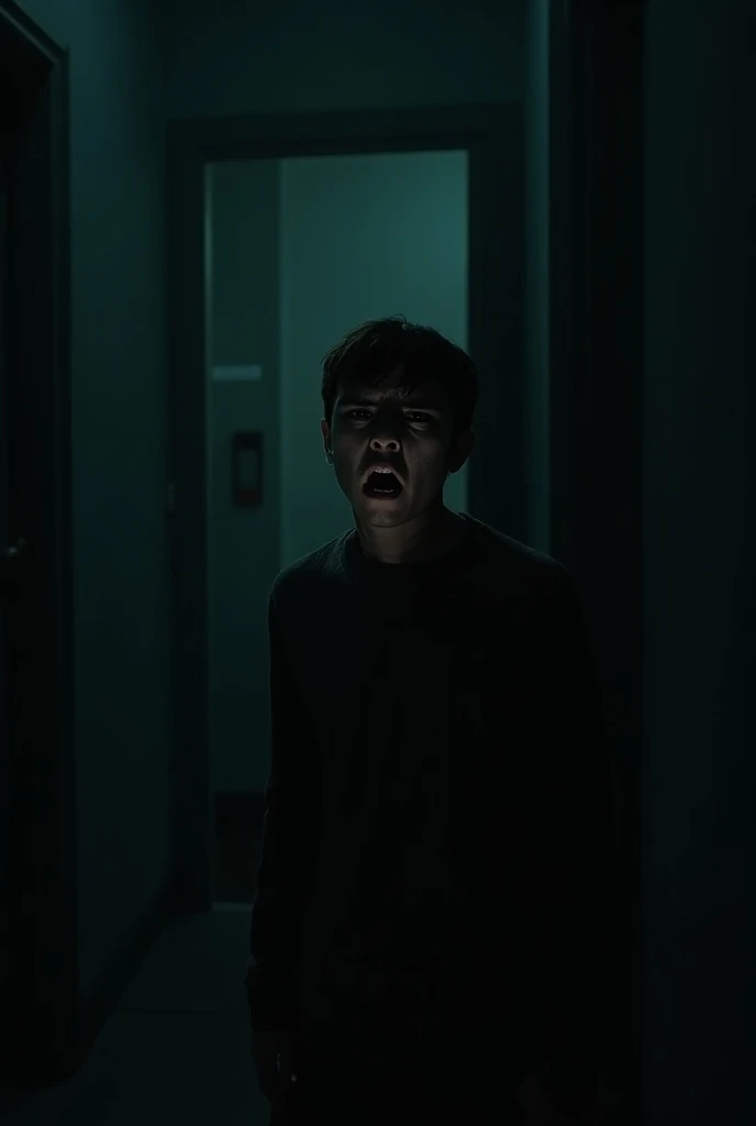 A boy with no eyes, no nose and no ears, standing in the middle of a dark room with a big scary smile on his face