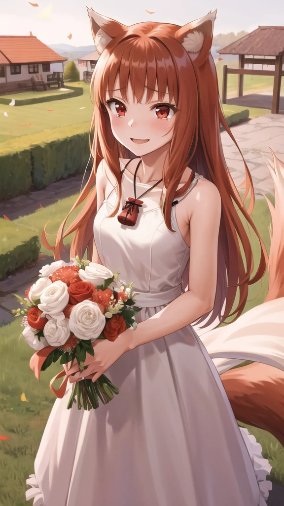 masterpiece, best quality, highres, 1girl, long hair, brown hair, animal ears, red eyes, wolf tail, necklace, wedding dress, white dress,  garden, standing, holding bouquet, smile, tears, confetti,