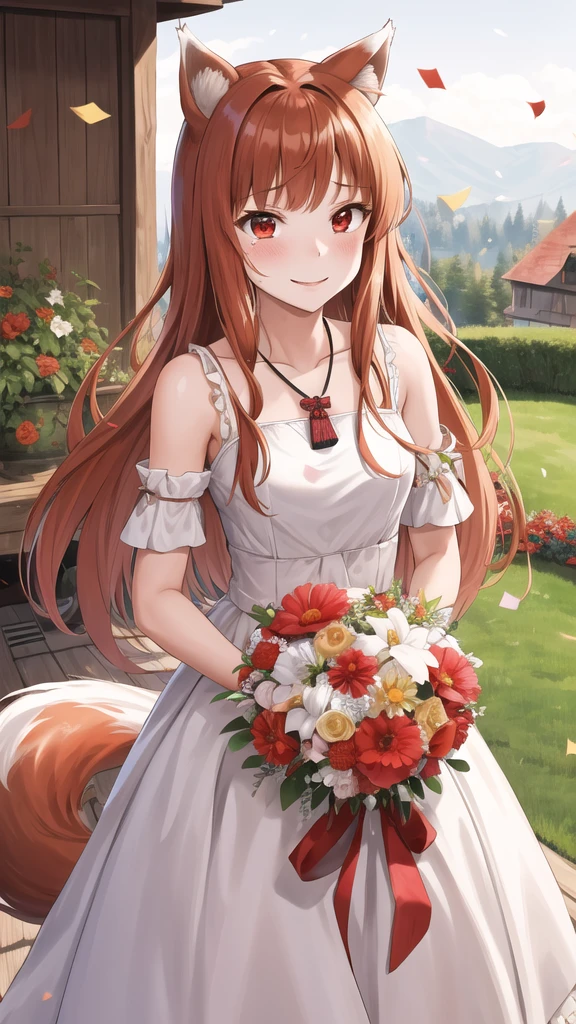 masterpiece, best quality, highres, 1girl, long hair, brown hair, animal ears, red eyes, wolf tail, necklace, wedding dress, white dress,  garden, standing, holding bouquet, smile, tears, confetti,