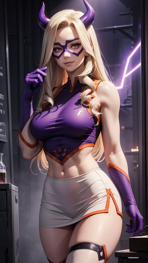 realistic 1.2, ((cowboy atirou)), She is at the gym, gym, Athletic body, beautiful face, perfect,  white skin, standing, modeling,  looking at the observer, purple eyes, Blonde hair, long hair,  wearing gym clothes ,  smart purple tank top , purple sports skirt , purple horns, domino mask, First firm, superhero, gloves, smile, [my hero academia], ( Computer-generated images) e VFX (Visual Effect) highlights the intricate anatomical features in a perfect way. sound effects, complement visual art, immersing the viewer. The level of detail is inspiring,   with intricate ,  meticulously crafted elements  ,  volumetric effects add depth and dimension, and the photorealism is unmatched. The image is rendered in 8K resolution, ensuring super detailed visuals.  Volumetric lighting adds a touch of magic ,  highlighting your beauty and aura in a supernatural way .  High Dynamic Range technology  (HDR)  makes the cores stand out , adding richness to the overall composition. Finally, this art presents an unreal portrait.