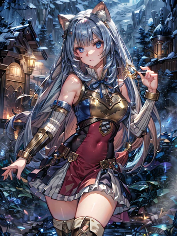  High Resolution , Best Quality, figure, Super detailed, (Detailed face), (Detailed eyes), Cinema Lighting, Best Quality, Super detailed, masterpiece,  1 girl, Alone, Long Hair, blue striped silver hair , blue eyes, ( long blue women's nightdress ), Chest Armor,  sleeveless, Bare shoulders,  white detachable handsock ,  decorative gold bracelet , White Skirt, Black knee-high socks, Ruins,  serious look, Glowing Eyes, Big Breasts, light, (colorful), Up to the thighs,  Magic Rim,  exquisite fantasy outfit design, Dynamic Angle,  dynamic pose,Adventure in the cave