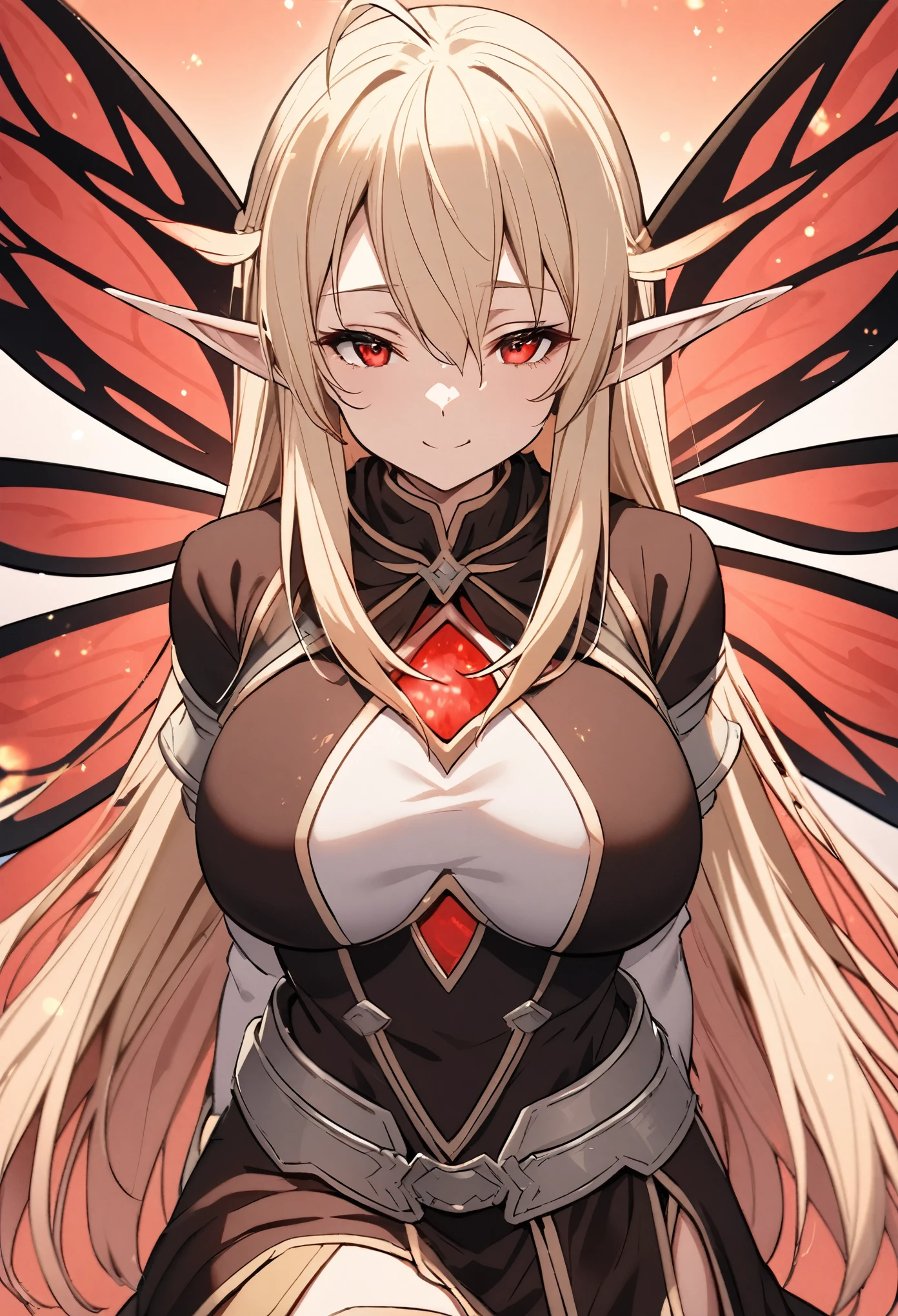 (high-quality, breathtaking),(expressive eyes, perfect face) 1girl, female, solo, mature, half open eyes, Alicization, Symmetrical Eyes, simple background, gentle smile, long hair, fantasy outfit, SAO inspired, maomao, armor, chest plate, sword art online outfit, cowboy shot, medium full shot, light blonde hair, bangs, alluring red eyes, large breasts, knight attire, Bicep-high Gauntlets, Armored Boots, Thigh-high Heeled Boots, Armored Gauntlets, Adventurer gear, Skirt, black white and pink color palette, black clothes, light pink accents on clothes, hair between eyes, fluffy hair, half open eyes, hair over one eye, small Ahoge, pale blonde hair color, bright red eye color, straight hair, (NO braids in hair), fantasy elf ears, (long elf ears), (symmetrical black fairy wings, ALfheim fairy wings, red glow wings)