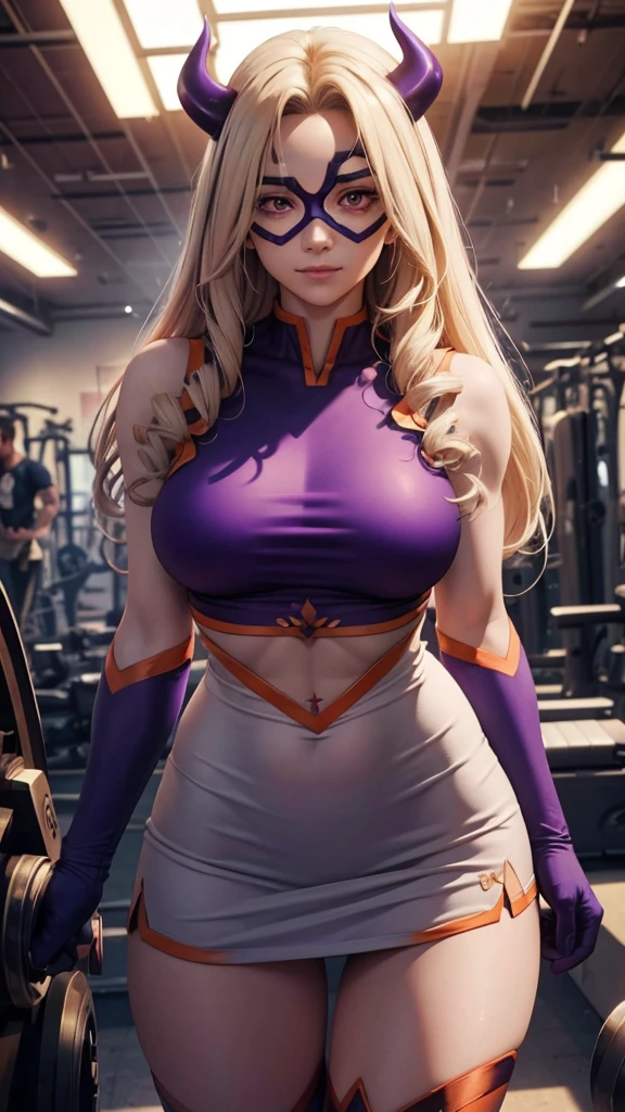 realistic 1.2, ((cowboy atirou)), She is at the gym, gym, Athletic body, beautiful face, perfect,  white skin, standing, modeling,  looking at the observer, purple eyes, Blonde hair, long hair,  wearing gym clothes ,  smart purple tank top , purple sports skirt , purple horns, domino mask, First firm, superhero, gloves, smile, [my hero academia], vfx (Visual Effect) highlights the intricate anatomical features in a perfect way. sound effects, complement visual art, immersing the viewer. The level of detail is inspiring,   with intricate ,  meticulously crafted elements  ,  volumetric effects add depth and dimension, and the photorealism is unmatched. The image is rendered in 8K resolution, ensuring super detailed visuals.  Volumetric lighting adds a touch of magic ,  highlighting your beauty and aura in a supernatural way .  High Dynamic Range technology  (HDR)  makes the cores stand out , adding richness to the overall composition. Finally, this art presents an unreal portrait.