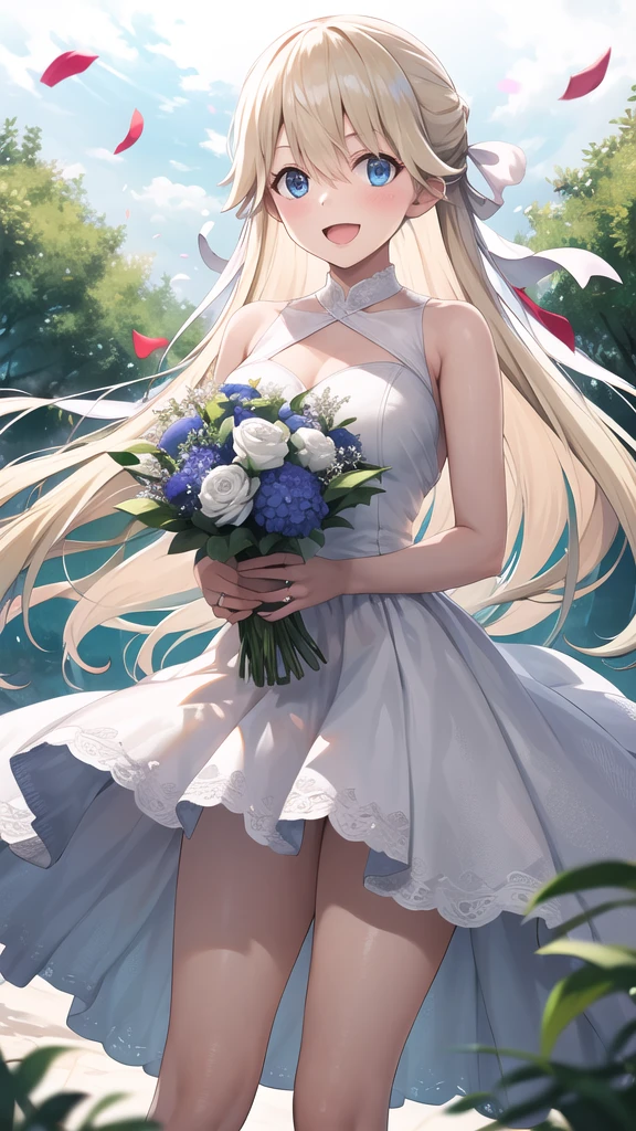 masterpiece, best quality, highres, 1girl, solo, long hair, blonde hair, hair ribbon, bangs, blue eyes, standing, cowboy shot, wedding dress, white dress, smile, open mouth, holding bouquet, garden, confetti,