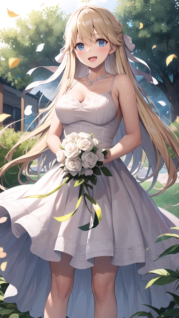 masterpiece, best quality, highres, 1girl, solo, long hair, blonde hair, hair ribbon, bangs, blue eyes, standing, cowboy shot, wedding dress, white dress, smile, open mouth, holding bouquet, garden, confetti,