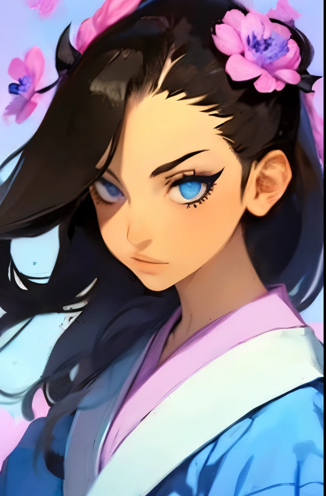 Anime character with long black hair and blue eyes but with demon eyes and with blue and purple clothing and with a demon with a background of blue Kimetsu no Yaiba flowers 