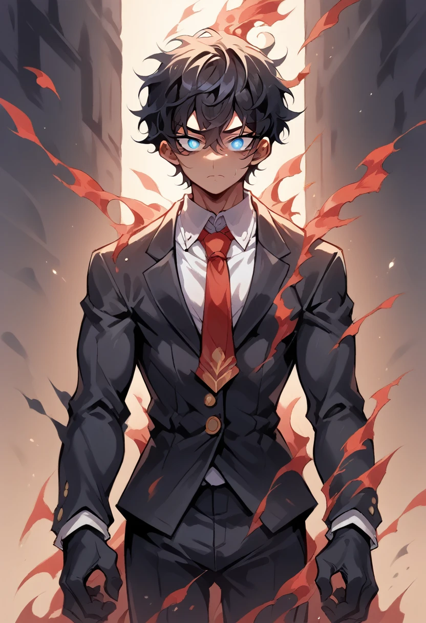 score_9, score_8_up, score_7_up, score_6_up, source_anime, Masterpiece, uncensored, BREAK, black haired boy, straight hair, muscular femboy, short hair, messy hair, tall man, dark blue eyes, white pupil, neutral face, giant male, black suit, red tie, black pants, dark aura, purple aura around body, mini giant boy, glowing body, glowing