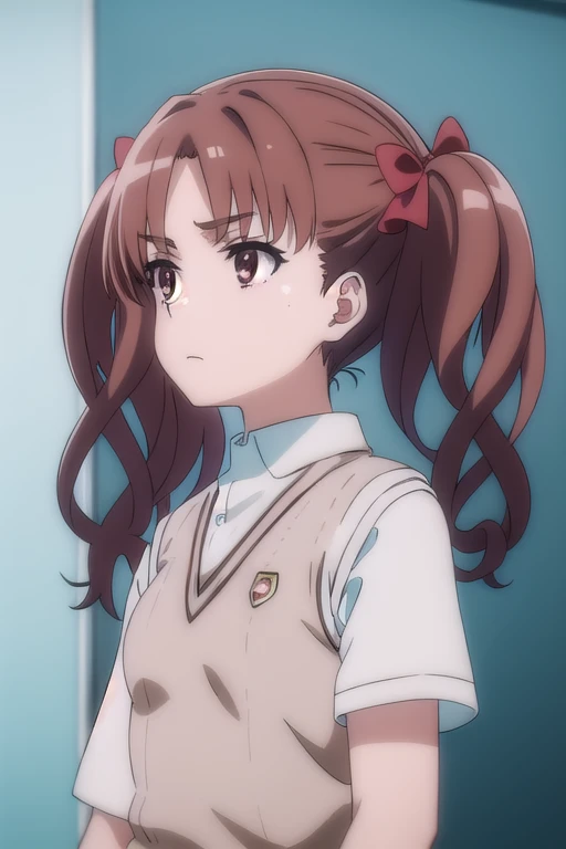 kuroko shirai, brown hair, long hair, (parted bangs:1.5), (brown eyes:1.7), ringlets, twintails, hair bow, bow, red bow,
BREAK armband, black skirt, collared shirt, dress shirt, pleated skirt, safety pin, school uniform, shirt, short sleeves, skirt, summer uniform, sweater vest, tokiwadai school uniform, twintails, white shirt, (brown sweater vest:1.5),
BREAK (standing:1.1),
BREAK expressionless,
BREAK (classroom), (from front),
BREAK (best quality, masterpiece, detailed:1.1), HD, (illustration:0.9), (beautiful detailed eyes:1.6), extremely detailed face, perfect lighting, extremely detailed CG, (perfect hands, perfect anatomy),