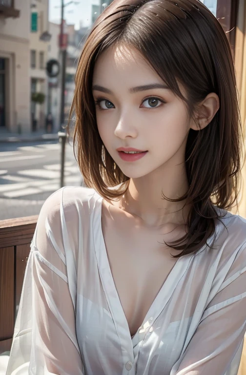 ((masterpiece)), ((Highest quality)), ((Complex)), ((Surreal)), (Realistic), (Mature Woman), ((There are no classes)), Very detailed, (1 female), Beautiful and exquisite, (Beautiful Teeth), Grin, Brunette Bob Hair, Brown eyes, ((blouse)), (Upper Body), (background:none), Perfect Eyes, Captivating eyes, Looking at the audience