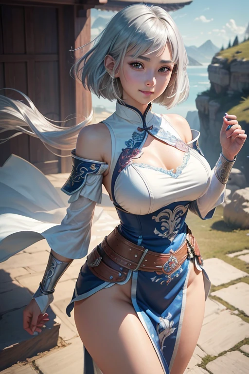 (Absurdres, master piece, best high quality image, very detailed features, very detailed textures, carefuly detailed with no deformed parts in all the artwork), only solo character.
A 40 years old beautiful woman, she has fair skin, blue eyes, golden long hair tied in a high ponytail with a long crimson ribbon, voluptuous figure, big breasts, (grey leotard, light blue combat padded bra, light blue short skirt, light blue long leather spandex boots, light blue long sleeves and padded gloves, dark blue steel shoulderpads).
She is holding a silver and red colored long sword with a red magical blade.
Cloudy day on a cold sand desert