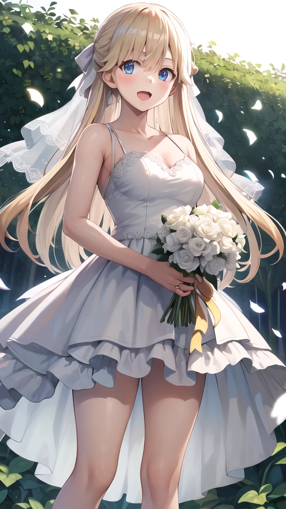 masterpiece, best quality, highres, 1girl, solo, long hair, blonde hair, hair ribbon, bangs, blue eyes, standing, cowboy shot, wedding dress, white dress, smile, open mouth, holding bouquet, garden, confetti,