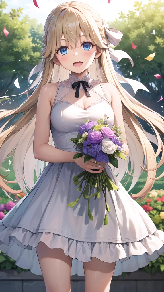 masterpiece, best quality, highres, 1girl, solo, long hair, blonde hair, hair ribbon, bangs, blue eyes, standing, cowboy shot, wedding dress, white dress, smile, open mouth, holding bouquet, garden, confetti,