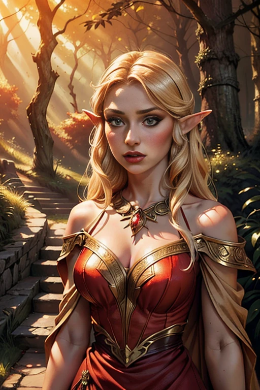 a beautiful and arrogant young elven princess named crystal, 1girl, princess, elf, detailed face and eyes, long eyelashes, elegant dress, walking in a lush forest near her palace, curious expression, encountering a human trespasser in the woods, (best quality,4k,8k,highres,masterpiece:1.2),ultra-detailed,(realistic,photorealistic,photo-realistic:1.37),fantasy, intricate details, dramatic lighting, warm color tones, cinematic composition