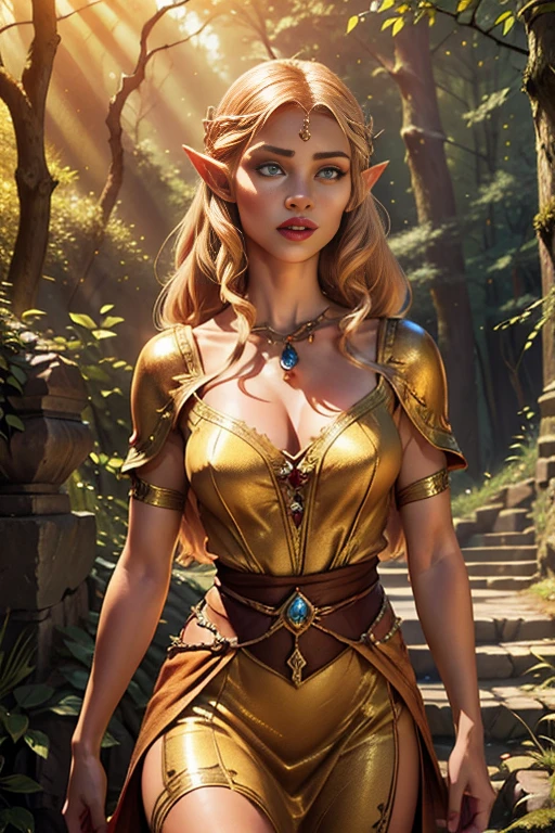 a beautiful and arrogant young elven princess named crystal, 1girl, princess, elf, detailed face and eyes, long eyelashes, elegant dress, walking in a lush forest near her palace, curious expression, encountering a human trespasser in the woods, (best quality,4k,8k,highres,masterpiece:1.2),ultra-detailed,(realistic,photorealistic,photo-realistic:1.37),fantasy, intricate details, dramatic lighting, warm color tones, cinematic composition