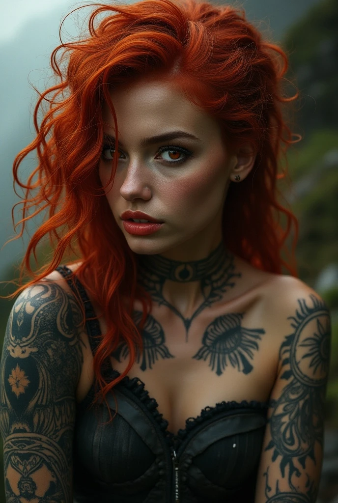 Un barco de lujo y una hermosa mujer bronceada, Cuerpo definido y tatuado tomando el sol en la proa del barco.  (La mejor calidad)  obra maestra ((body tattoo)) (Big breasts) ((red hair))