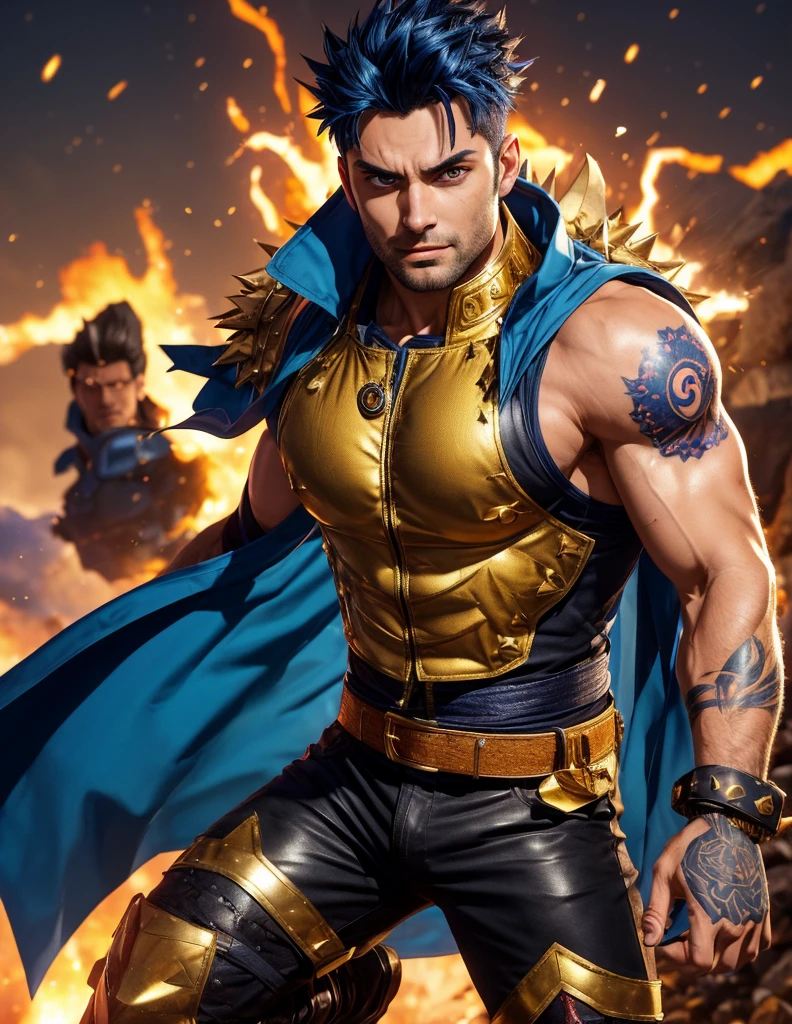   Gold man dressed in his traditional clothing ,  detailed facial features ,  expressive eyes and lips , strong and determined expression, short spiky therefore hair,  wearing his iconic dark blue torn and sleeveless shirt with the seven distinct Naruto stars tattooed prominently on his chest,  dark shoulder pads ,  high leather boots ,  and a torn belt , dynamic action pose,  standing or preparing to deliver a powerful blow in a vacant lot desolate , intense atmosphere,  comic book style ,  cell shading effect , vibrant colors,  contrasting with blue , therefore, and red tones ,   dramatic lighting   (best quality, highres),  emphasis on shadows and highlights ,  sharp details and textures ,  HD rendering ,  perfectly rendered muscles and clothing ,  meticulously designed facial expressions ,  particular attention to his eyes and penetrating attention to his eyes and seven stars in your chest , Transmitting your strength, resilience,  and legendary status .