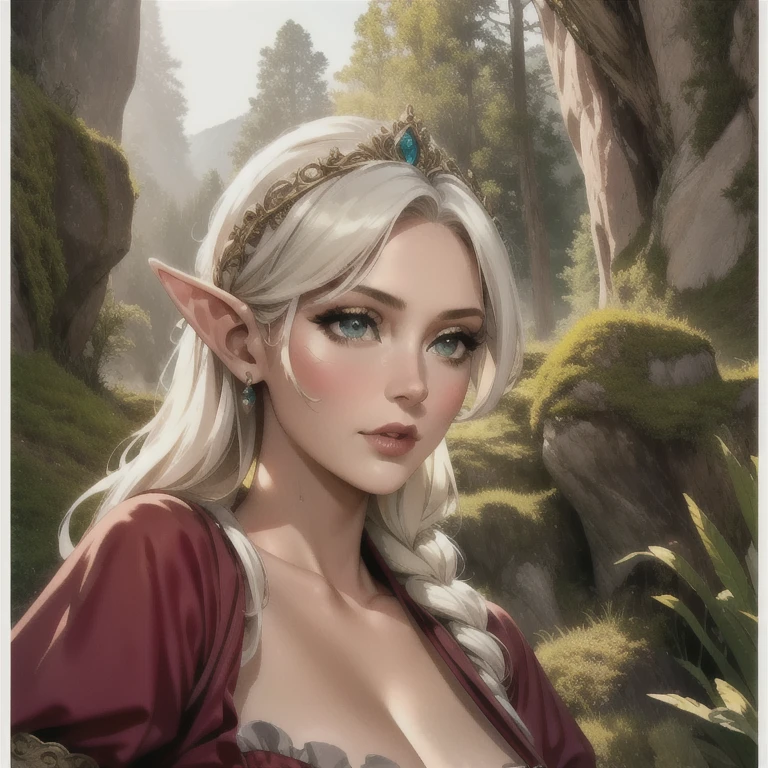 1girl, princess, elf, crystal, beautiful, arrogant, detailed face, detailed eyes, long eyelashes, elegant dress, lush forest, palace, curious expression, human trespasser, (best quality,4k,8k,highres,masterpiece:1.2),ultra-detailed,(realistic,photorealistic,photo-realistic:1.37),fantasy, intricate details, dramatic lighting, warm color tones, cinematic composition