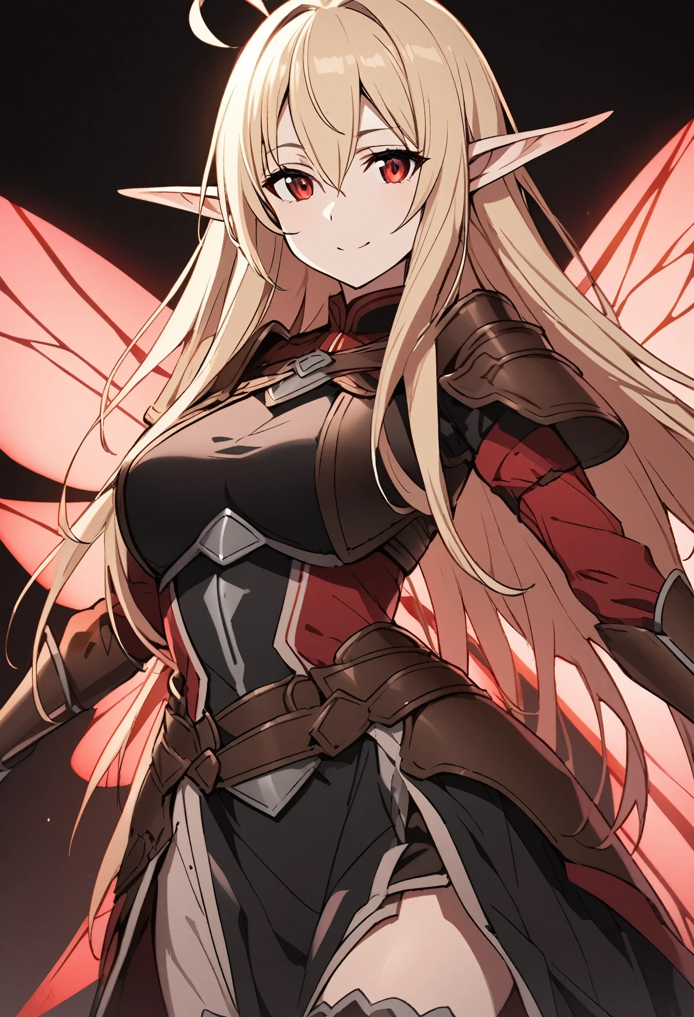 (high-quality, breathtaking),(expressive eyes, perfect face) 1girl, female, solo, mature, half open eyes, Alicization, Symmetrical Eyes, simple background, gentle smile, long hair, fantasy outfit, SAO inspired, maomao, armor, chest plate, sword art online outfit, cowboy shot, medium full shot, light blonde hair, bangs, alluring red eyes, large breasts, knight attire, Bicep-high Gauntlets, Armored Boots, Thigh-high Heeled Boots, Armored Gauntlets, Adventurer gear, Skirt, black white and pink color palette, black clothes, light pink accents on clothes, hair between eyes, fluffy hair, half open eyes, hair over one eye, small Ahoge, pale blonde hair color, bright red eye color, straight hair, (NO braids in hair), fantasy elf ears, (long elf ears), (symmetrical black fairy wings, ALfheim fairy wings, red glow wings)