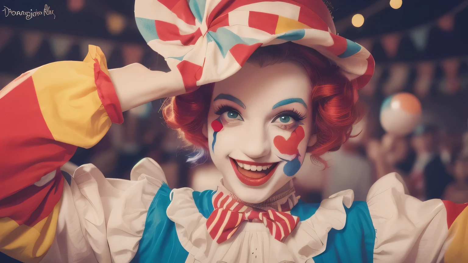 professional portrait photo, cute young woman dressed as a clown, infectious laugh, twinkling eyes, feeling of joy, at a circus big-top, intricate details<lora:SDXL - Better Faces v1:0.58>