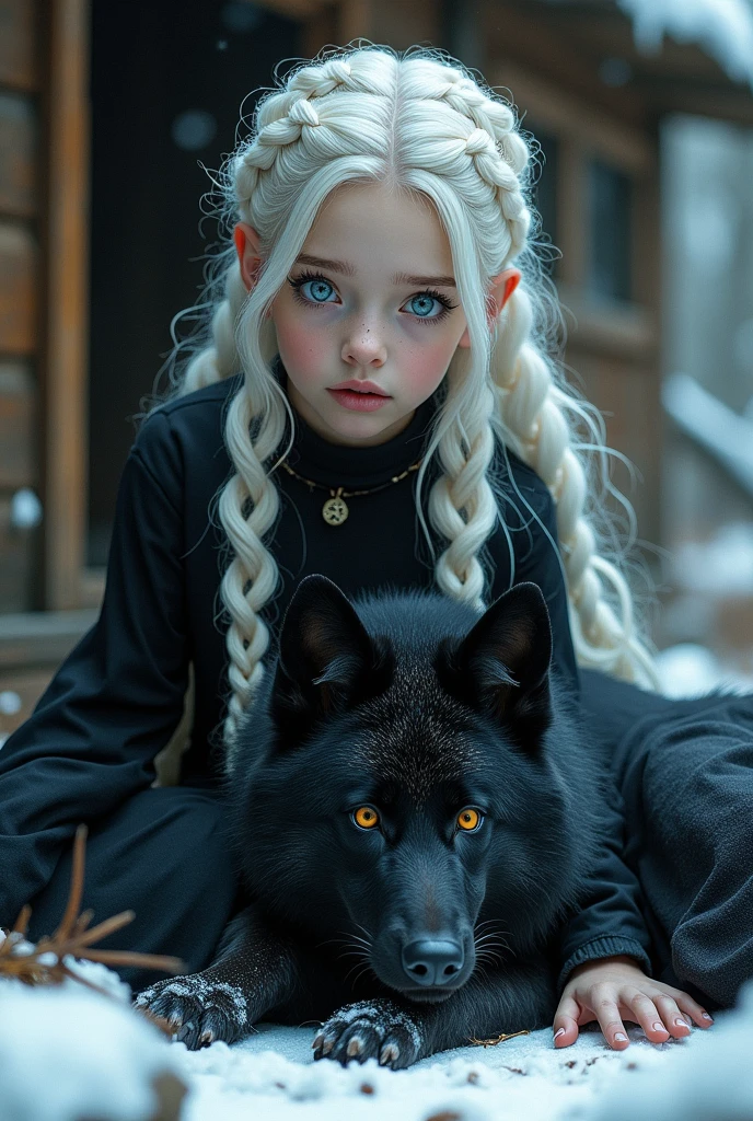  KIDS girl long silver hair And WOLF., with gothic net symbolic clothes,。a close-up on a throne.