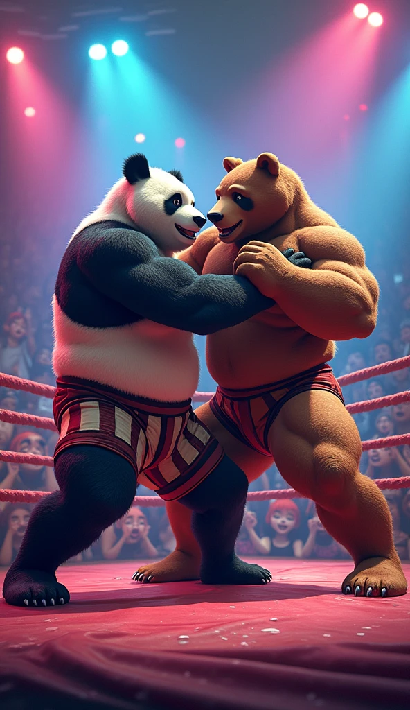 very, masculine, wrestling wrestler, fat but muscular, Big, Thick, robust, imposing, sweaty, black bear, wrestling ring background, focos brillantes en el techo iluminando su rostro sweaty, public in the background