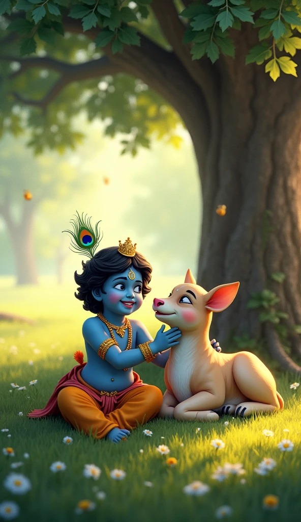 Two rabbits are starring at Little lord Krishna 
