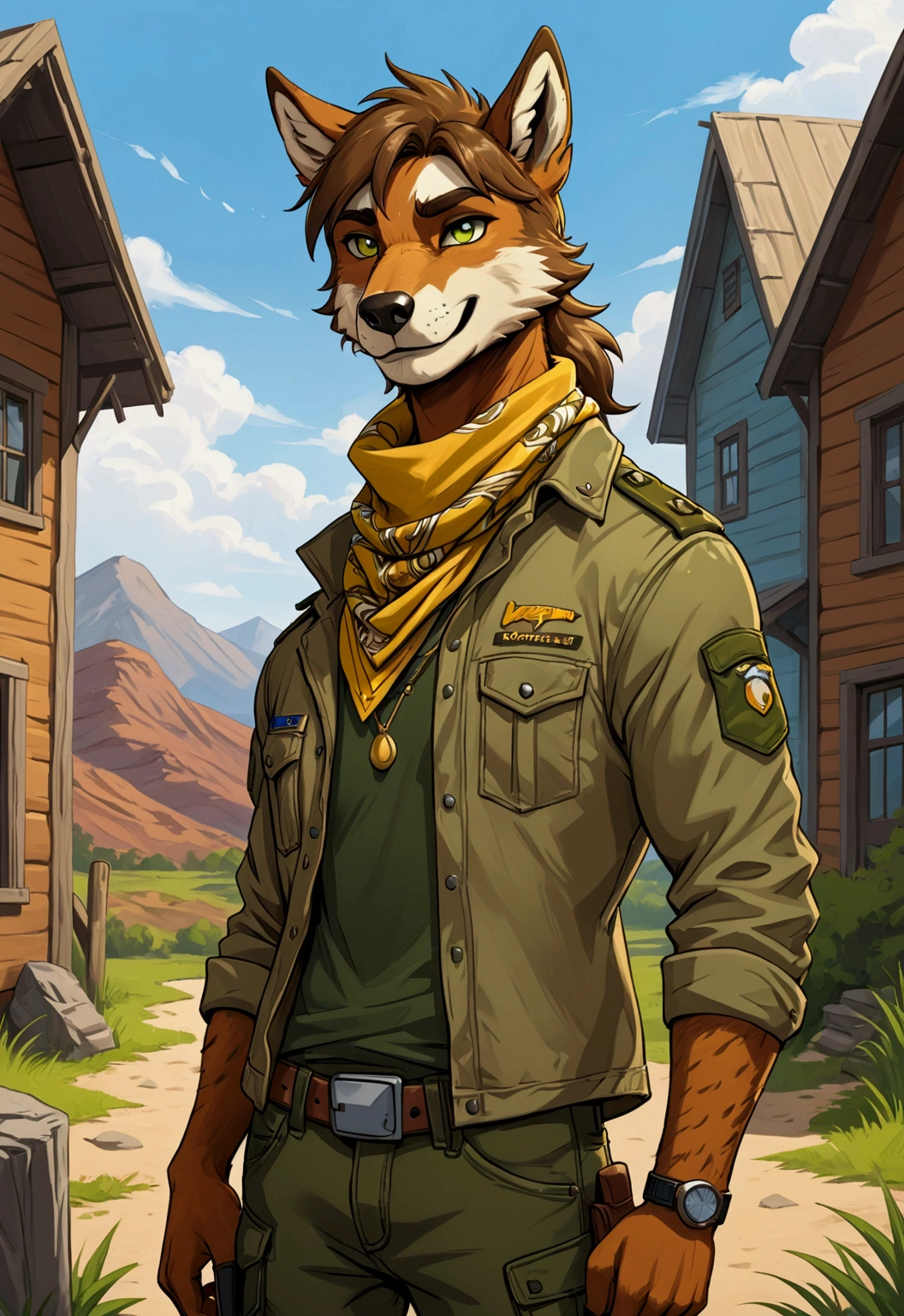 score_9, score_8_up, score_7_up, (masterpiece, best quality, very aesthetic, ultra detailed), ,(male anthro, horse furry guy) illustrative anime furry art of  of horse anthro in a green shirt and a camo jeans, yellow bandana, army jacket, standing pose, slightly buff body,cocky face,smiling, furry humanoid, furry mawshot art, furry character portrait, pov furry art, anthro art, anthropomorphic coyote male, masterpiece anthro portrait, anthro portrait, portrait of a rugged ranger, rugged male ranger, professional furry drawing, rugged ranger, furry character, commission for high res, furry mawshot